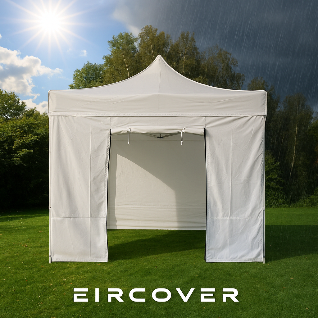 “pop up gazebo in Ireland standing strong in changing weather rain and sunshine”